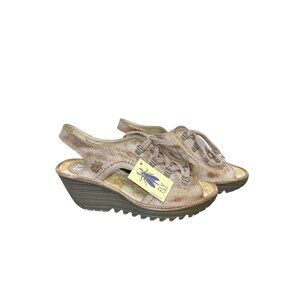 NWT Fly London Gold Metallic Slingback Wedge Shoes Size 8.5